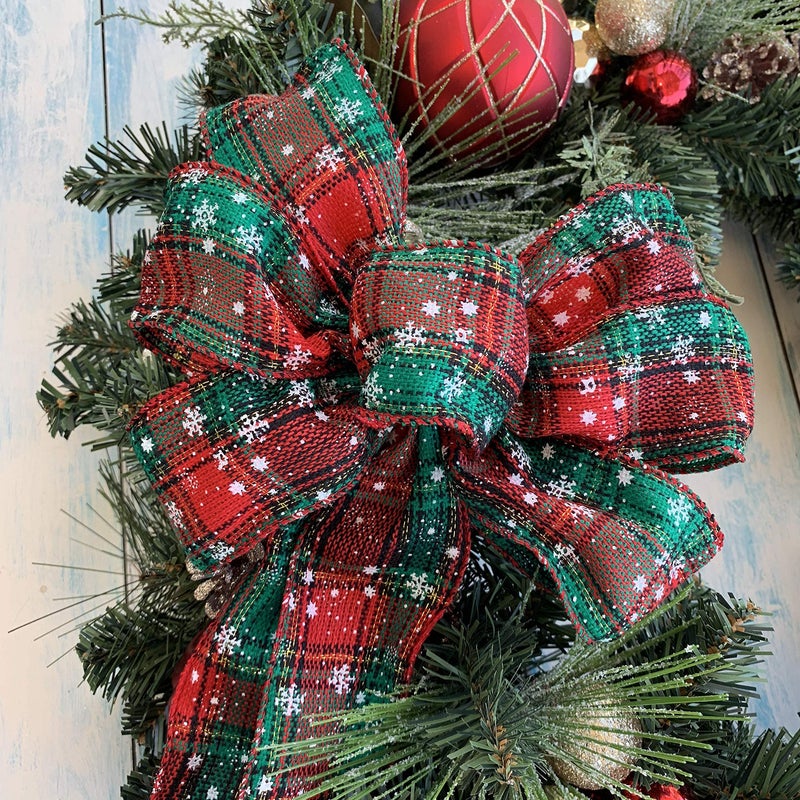 GiftWrap Etc. Snowflake Plaid Christmas Wreath Bow - 10" Wide, 18" Long Pre-Tied Bow, Door Decoration, Gift Basket, Swag, Garland, Fall Decor, Winter, Thanksgiving - Image 3